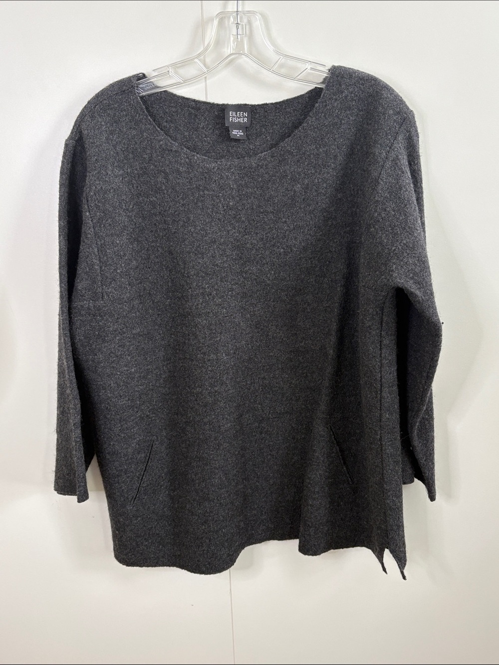 Eileen Fisher 100% Wool Charcoal Scoop Neck Pullover Tunic w Pockets M